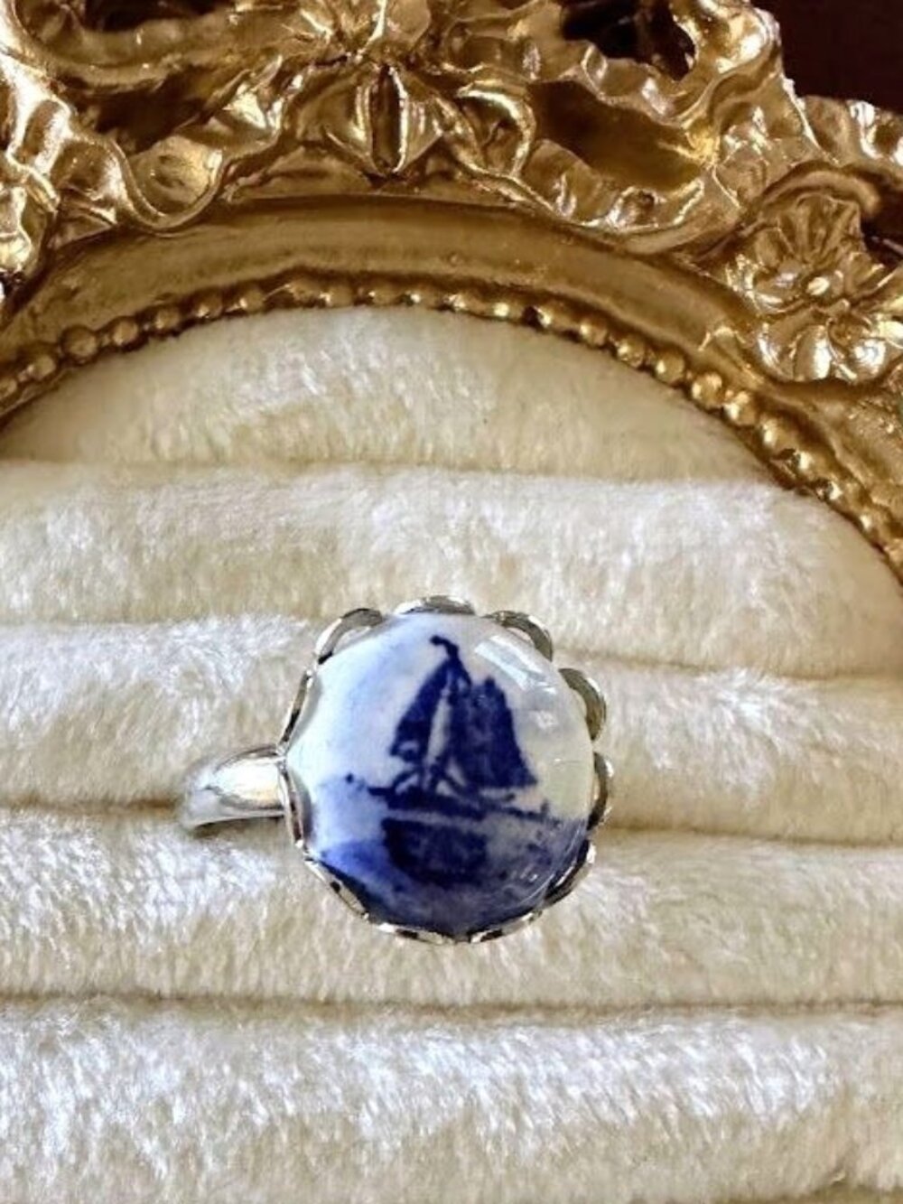 Vintage Blue Delft Porcelain Sailboat Jewelry Set Necklace Brooch Ring - Picture 9 of 11